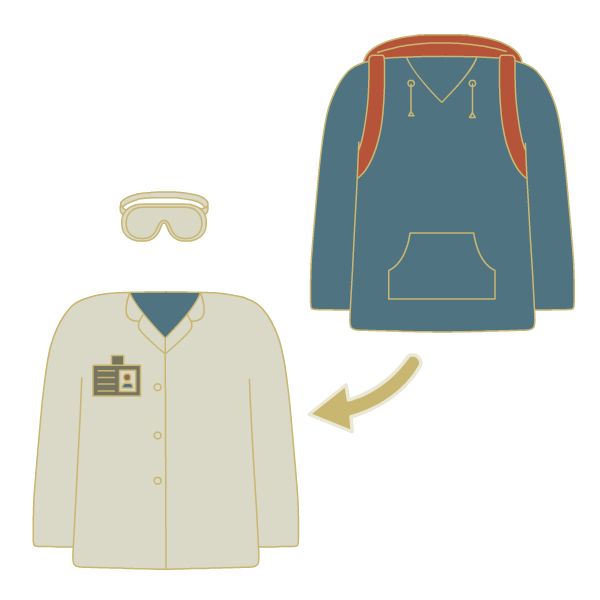 student outfit pointing towards lab outfit