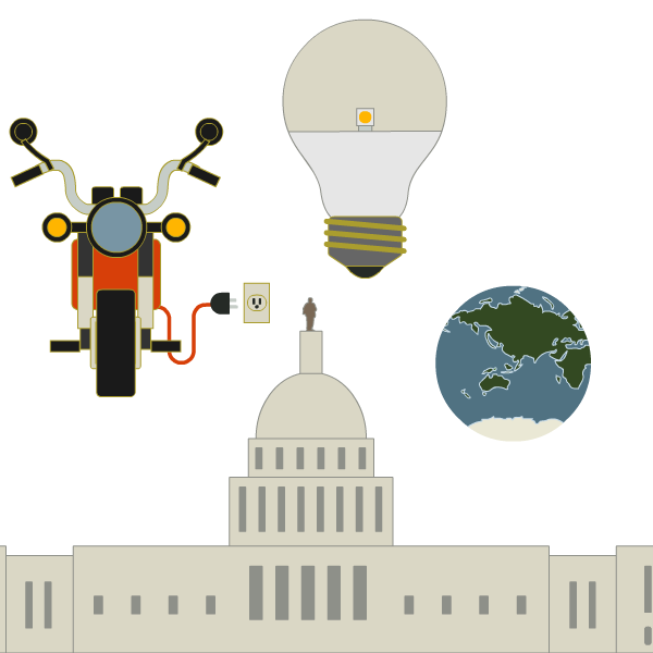 globe, light bulb and electric bike hovering over the U.S. Capitol building