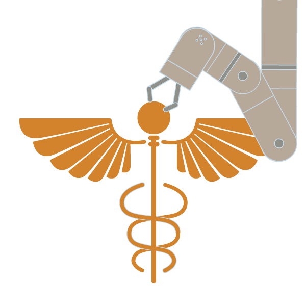 a robotic arm holds a caduceus, a staff with two snakes wrapped around it, a symbol associated with healing