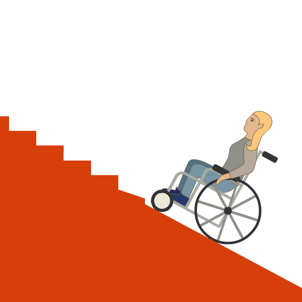 person in a wheelchair going up a slope that gradually turns into stairs, blocking their path