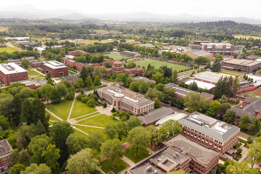 aerial of Corvallis campus that features brick buildings and a central lawn quad
